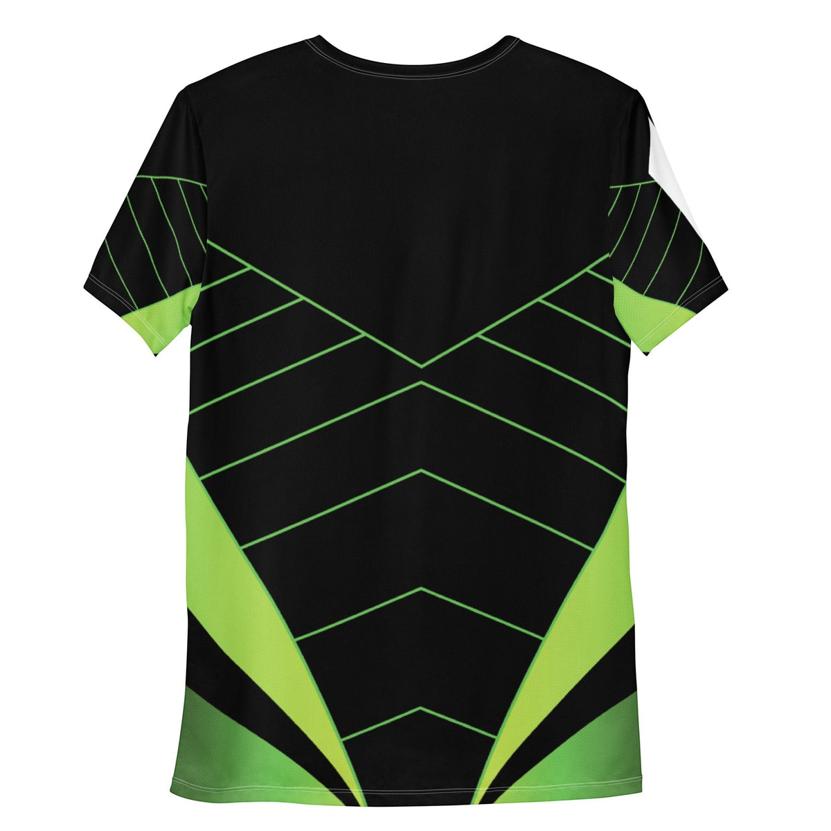 Good Wishes 365 men's athletic training shirt in black with neon green V-line graphic, back view.
