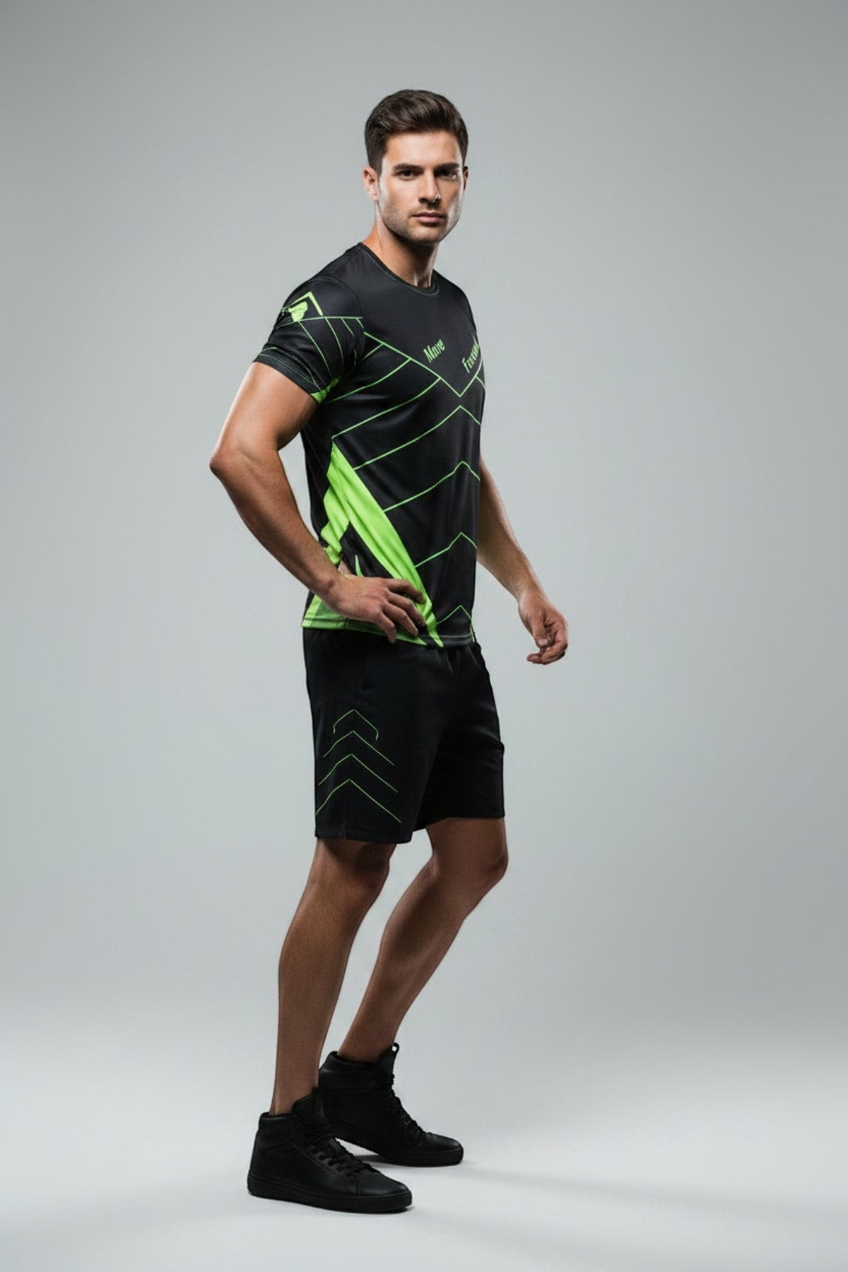 Good Wishes 365 men's black and neon green athletic training shirt with V-line graphic on a model