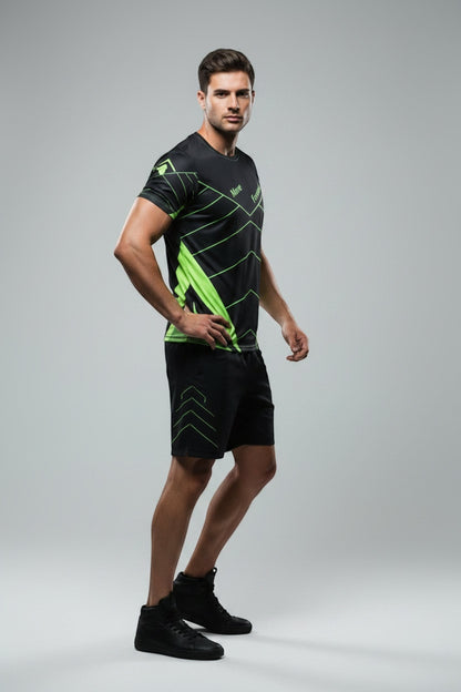 Good Wishes 365 men's black and neon green athletic training shirt with V-line graphic on a model
