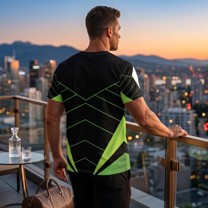 Good Wishes 365 black and neon green athletic training shirt with V-line graphic worn by a man on a city balcony.