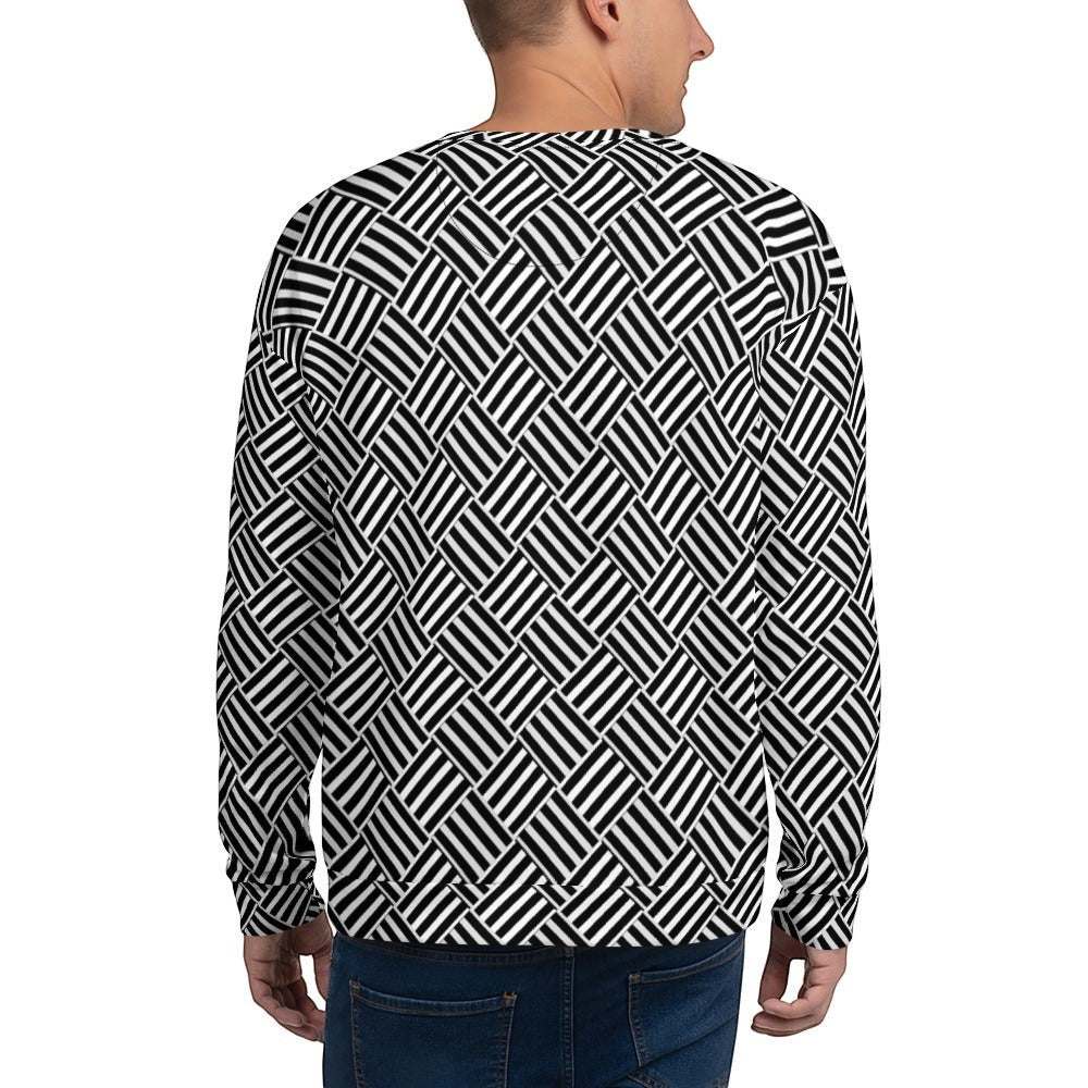 Good Wishes 365 unisex sweatshirt featuring a black and white geometric basketweave pattern, back view on a man.