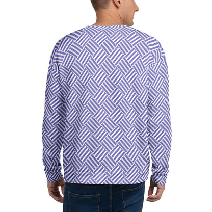 Back view of a Good Wishes 365 unisex sweatshirt with a violet and white basketweave print on a man wearing jeans.