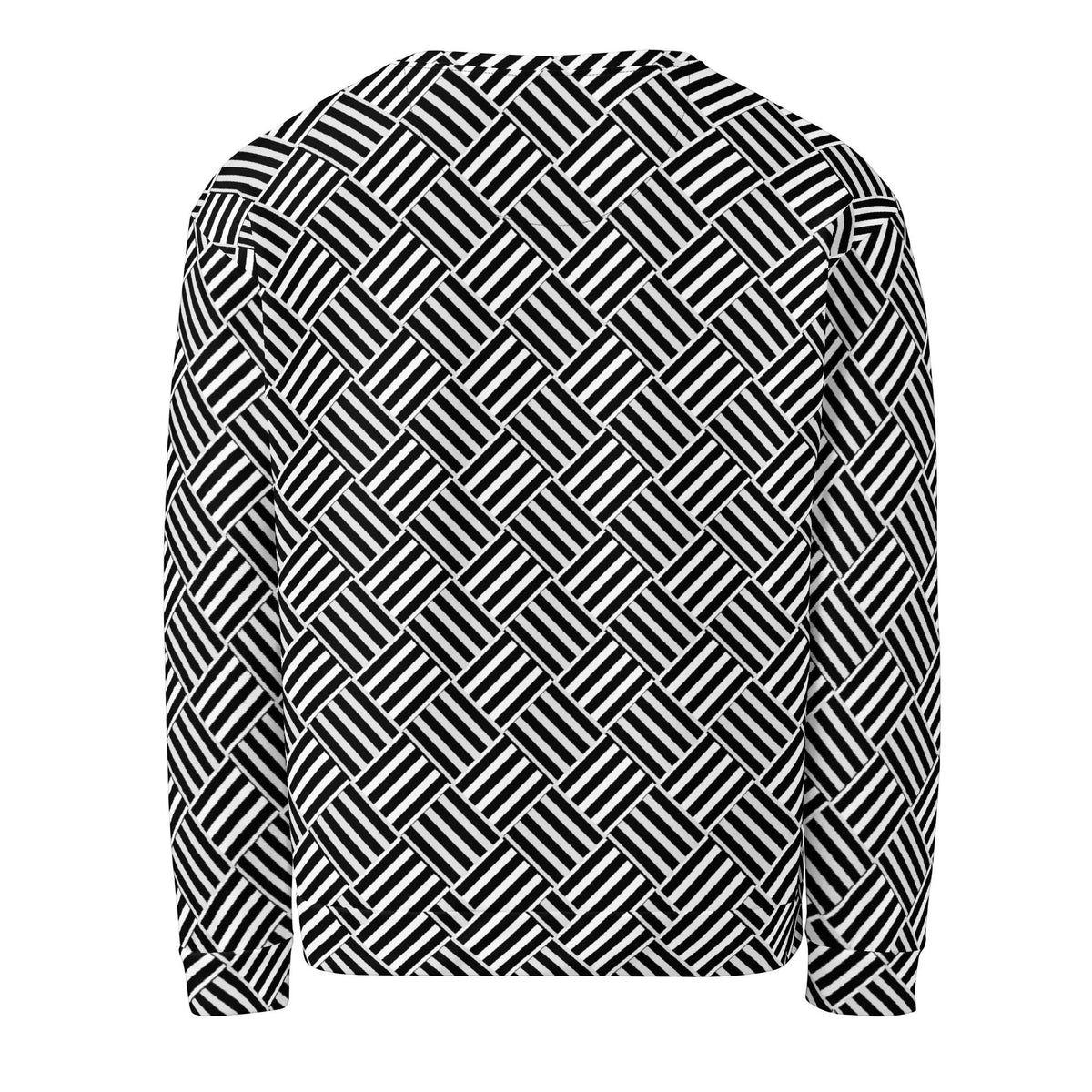 Good Wishes 365 unisex crewneck sweatshirt featuring a black and white geometric basketweave pattern, back view.