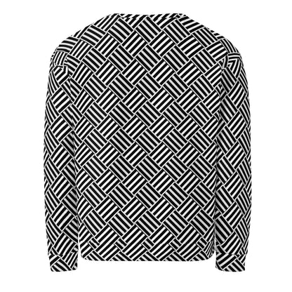 Good Wishes 365 unisex crewneck sweatshirt featuring a black and white geometric basketweave pattern, back view.