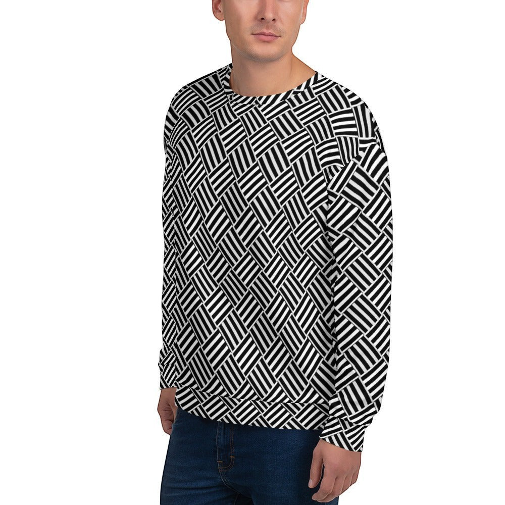 Good Wishes 365 unisex crewneck sweatshirt featuring a black and white geometric basketweave pattern on a male model.