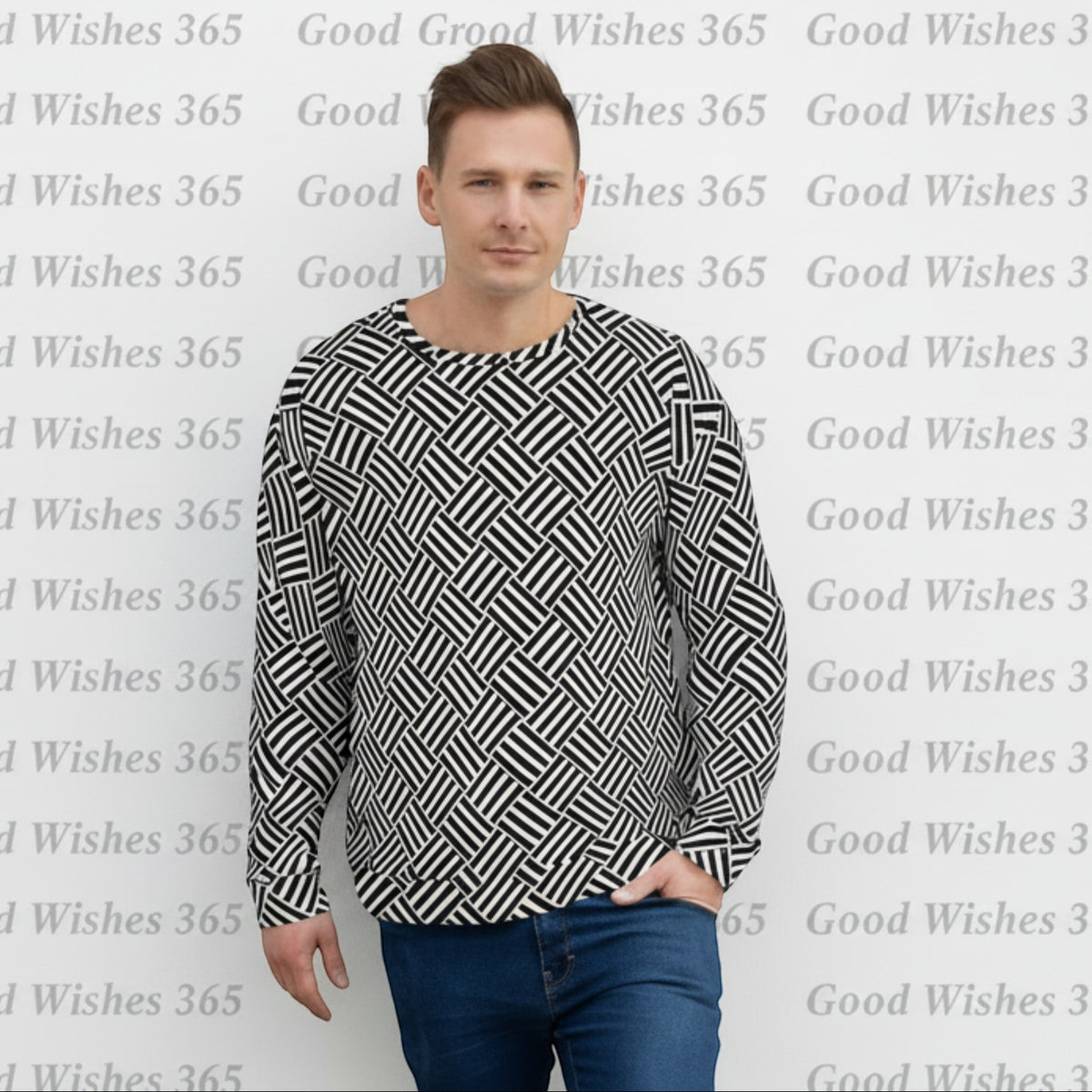 Good Wishes 365 unisex sweatshirt featuring a black and white geometric basketweave pattern and crewneck design.