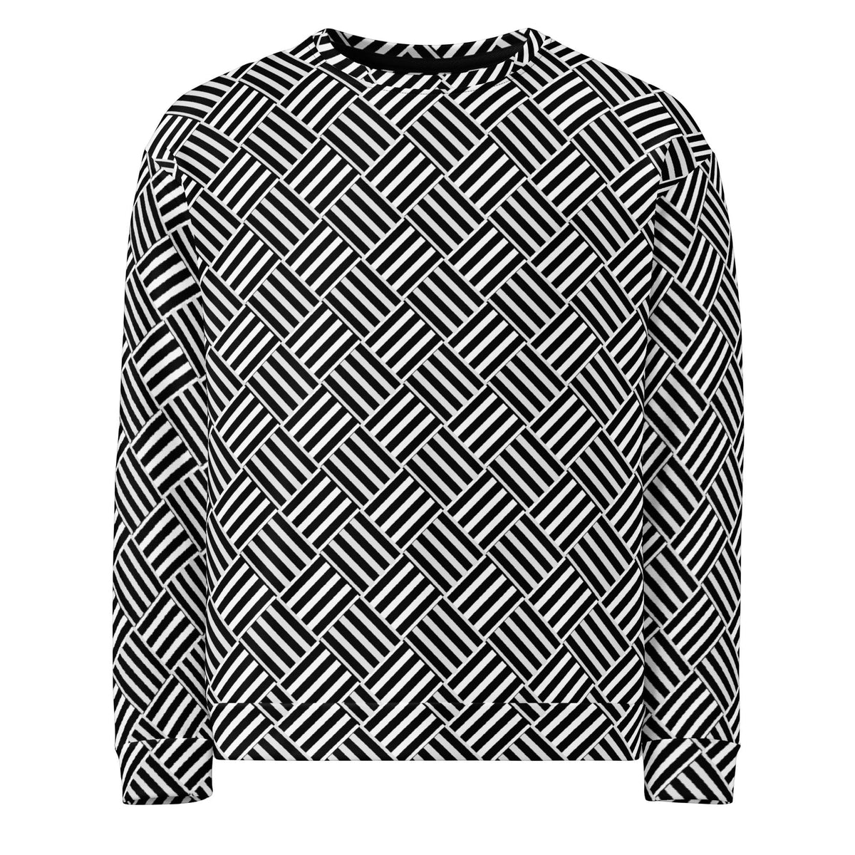 Good Wishes 365 unisex crewneck sweatshirt featuring a bold black and white geometric basketweave pattern.