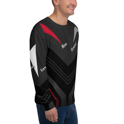 Good Wishes 365 black recycled sweatshirt with red, grey, and white V-line athletic print worn by a man