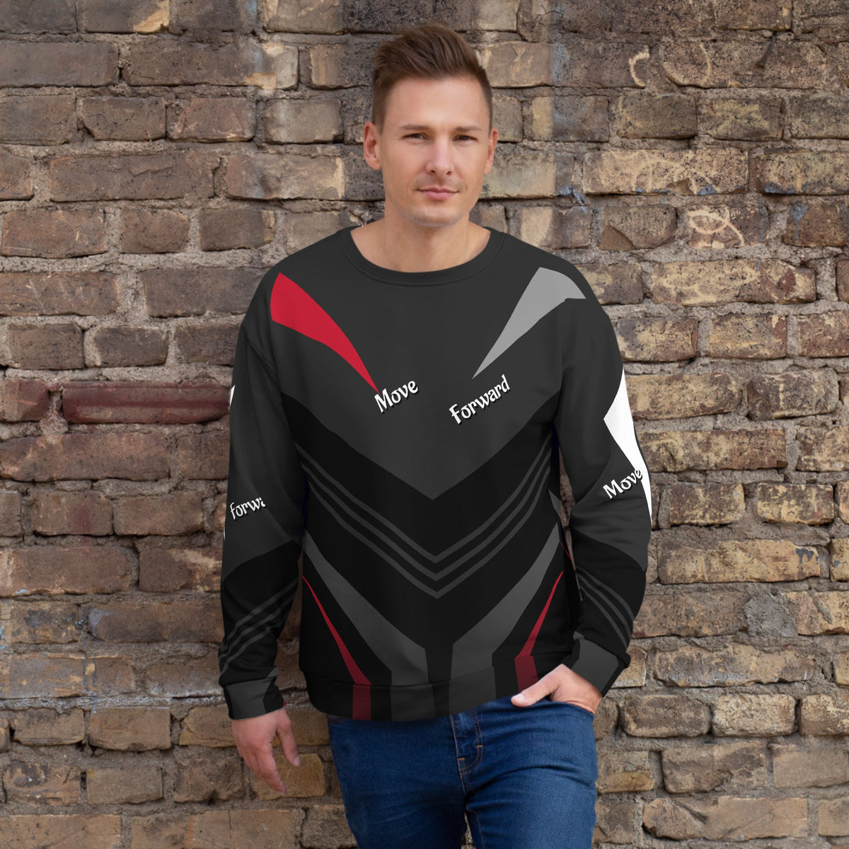 Good Wishes 365 black recycled sweatshirt with red and grey V-line athletic print worn by a man against a brick wall