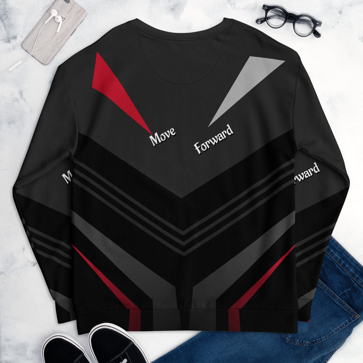 Good Wishes 365 black recycled sweatshirt with red, grey, and white V-line athletic print and Move Forward text