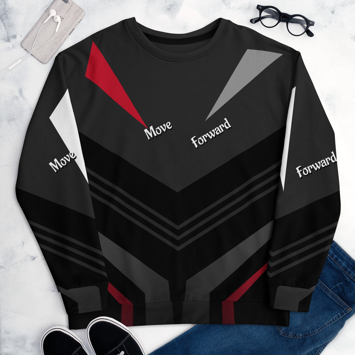 Good Wishes 365 black recycled sweatshirt with red, grey, and white V-line athletic print and Move Forward text.