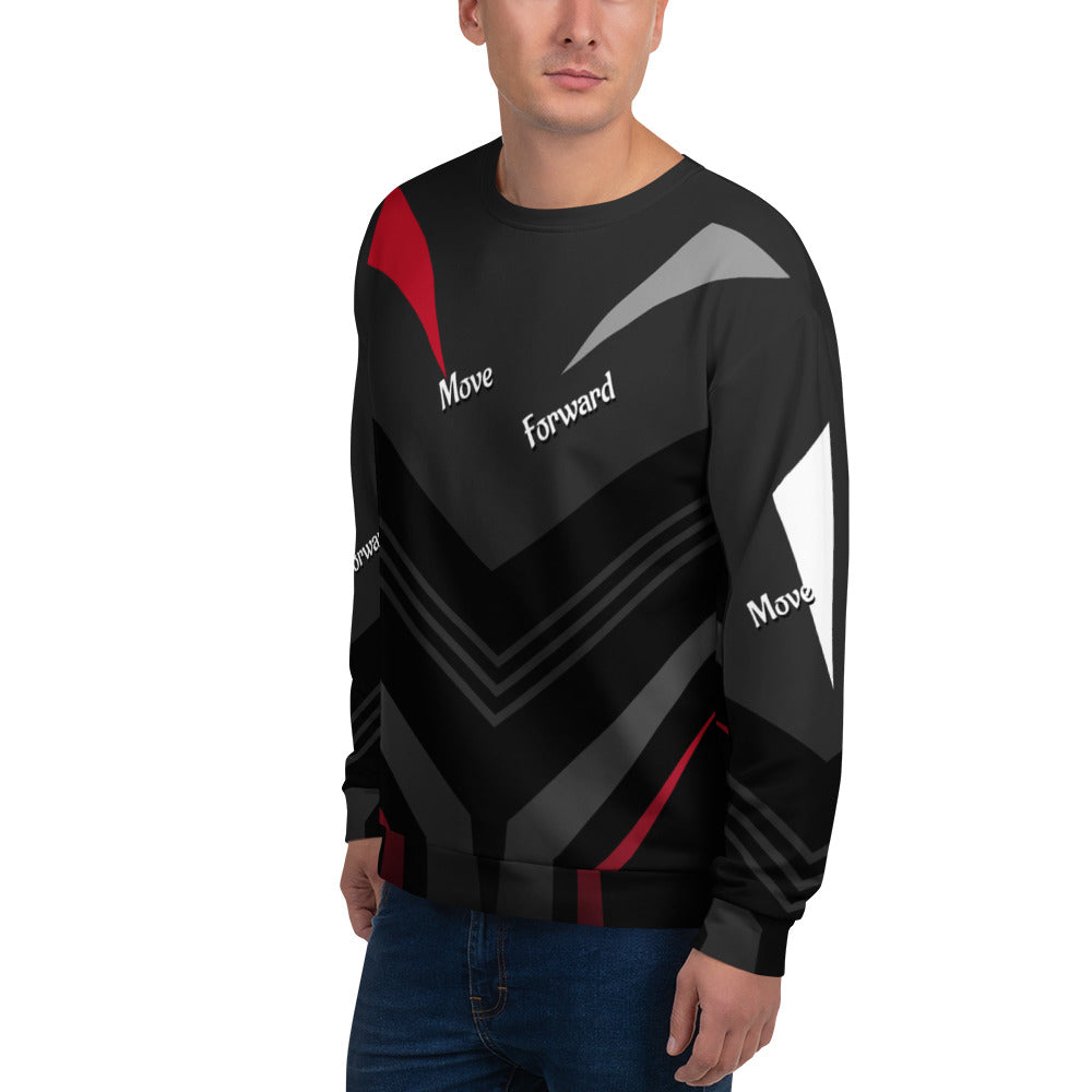 Good Wishes 365 unisex sweatshirt featuring a black base with red, grey, and white geometric V-line athletic patterns.