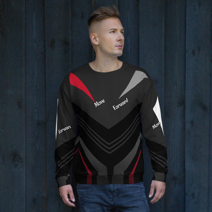 A man wearing a Good Wishes 365 black recycled sweatshirt with a red, grey, and white V-line athletic print.