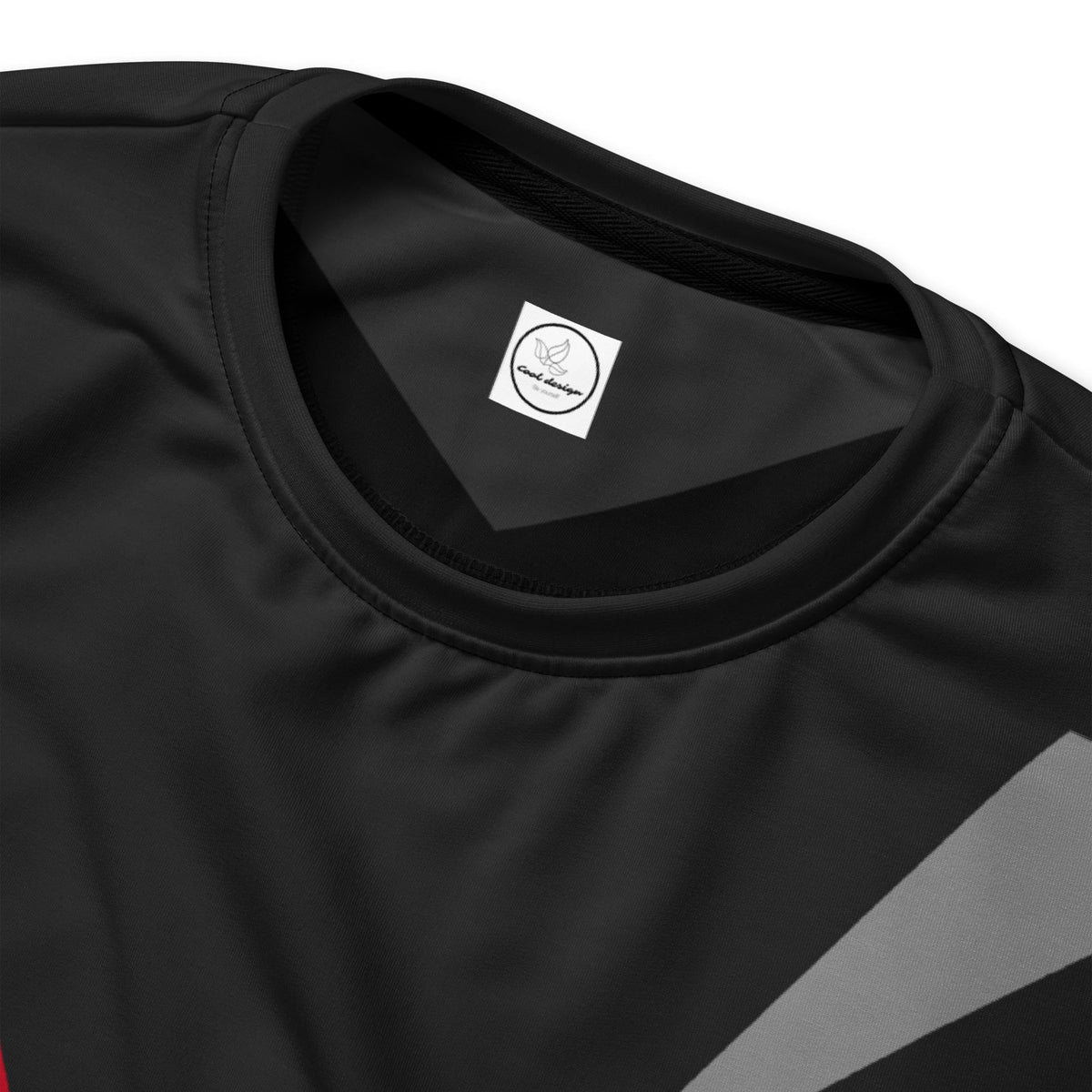 Good Wishes 365 black recycled athletic sweatshirt with red, grey, and white V-line geometric pattern and crew neck