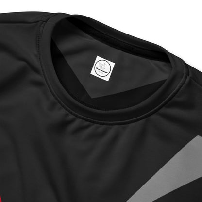 Good Wishes 365 black recycled athletic sweatshirt with red, grey, and white V-line geometric pattern and crew neck