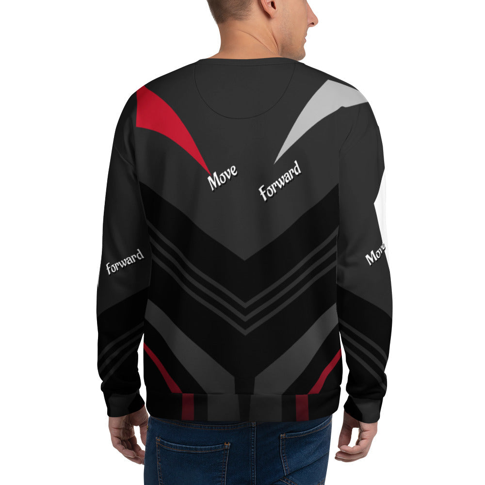 Back view of Good Wishes 365 black recycled sweatshirt with red and grey V-line pattern and Move Forward text