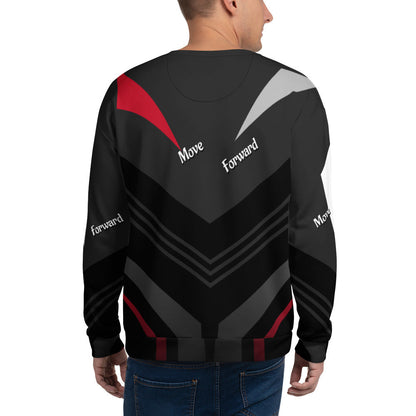 Back view of Good Wishes 365 black recycled sweatshirt with red and grey V-line pattern and Move Forward text