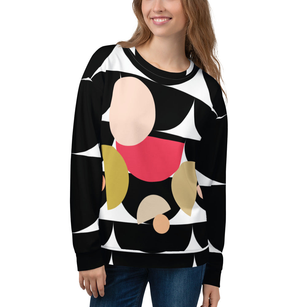 Good Wishes 365 black recycled sweatshirt featuring an all-over geometric mushroom graphic print on a female model.