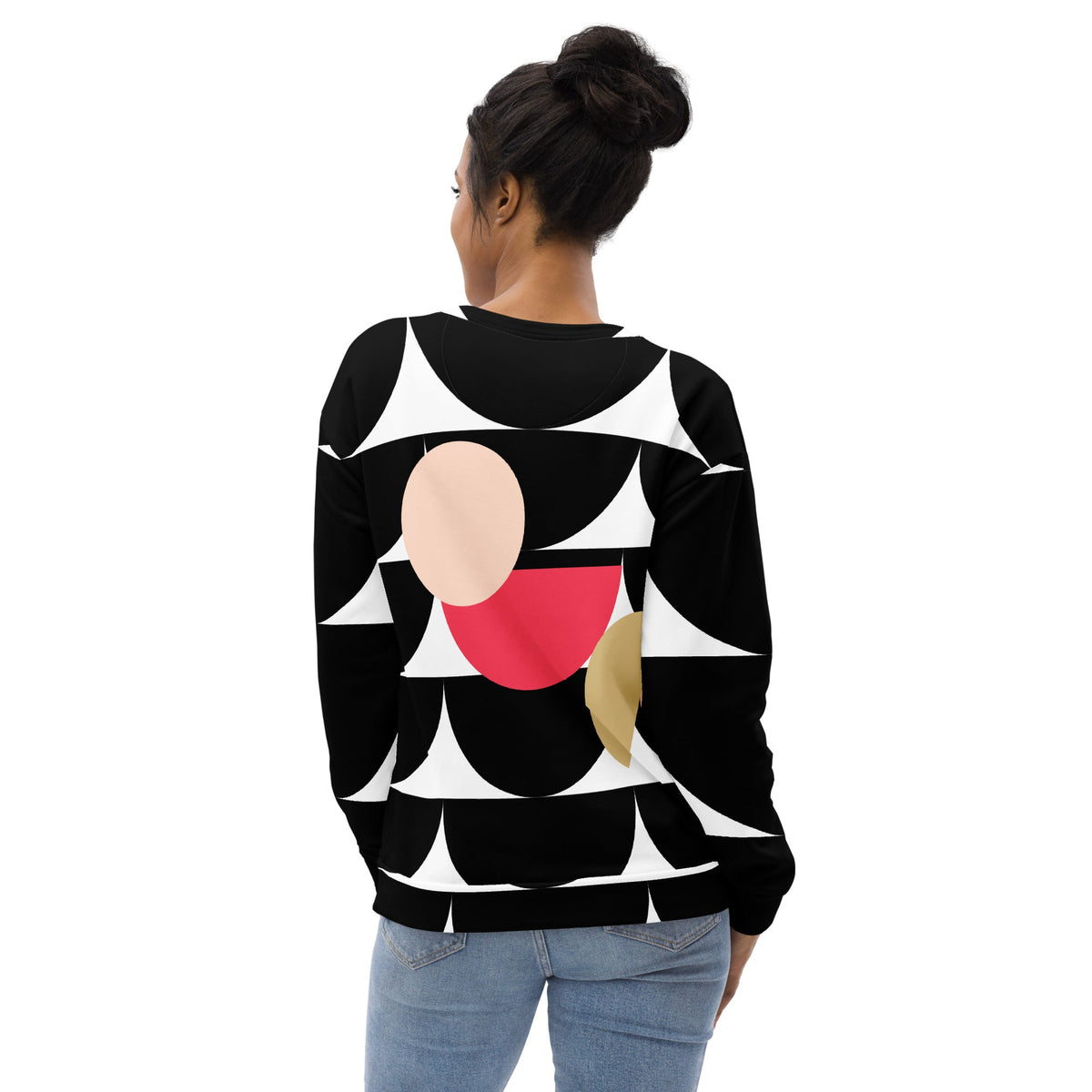 Good Wishes 365 black recycled sweatshirt with geometric mushroom graphic print worn by a woman, back view