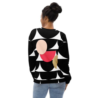 Good Wishes 365 black recycled sweatshirt with geometric mushroom graphic print worn by a woman, back view