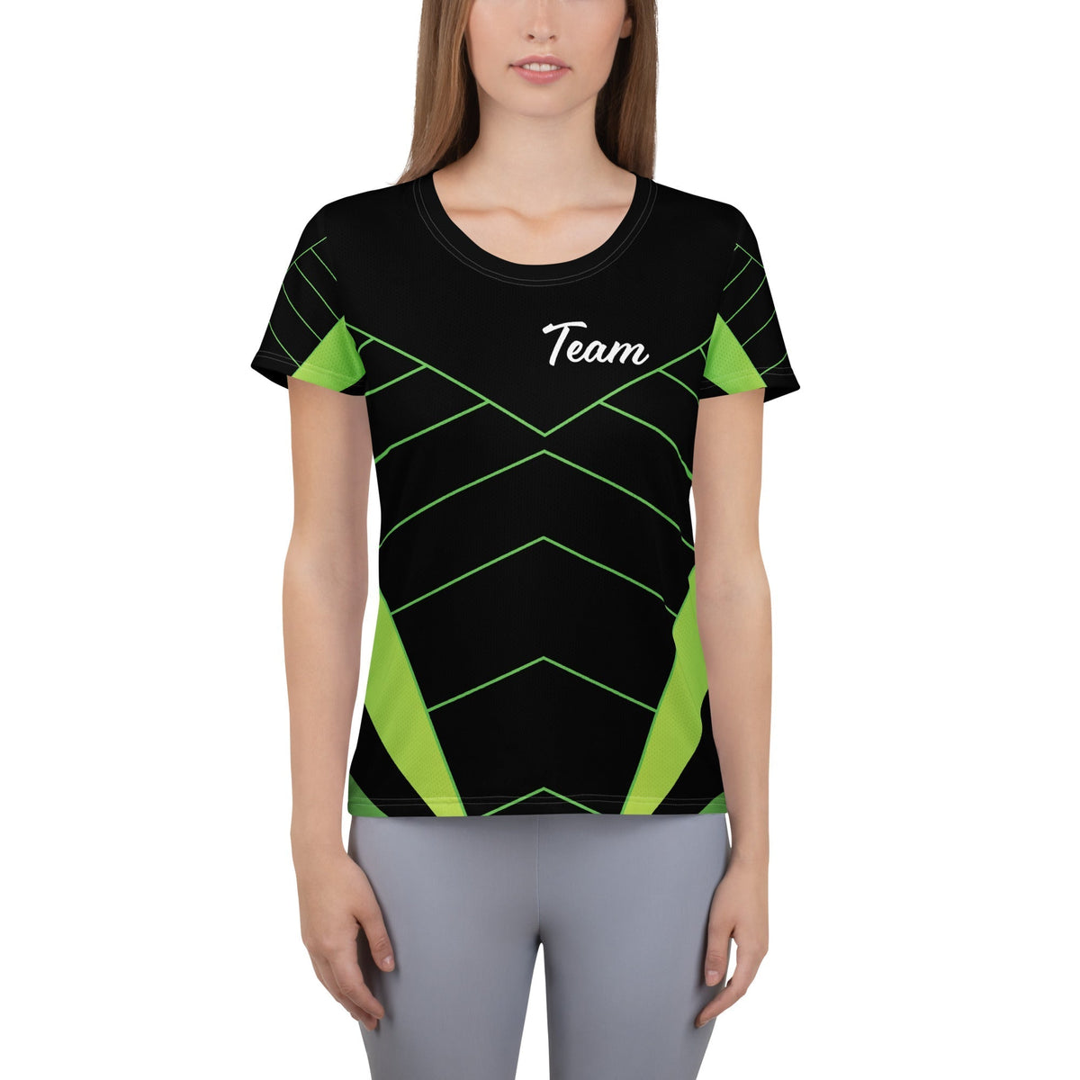 Good Wishes 365 women's black athletic t-shirt with neon green geometric lines and Team graphic on moisture-wicking fabric