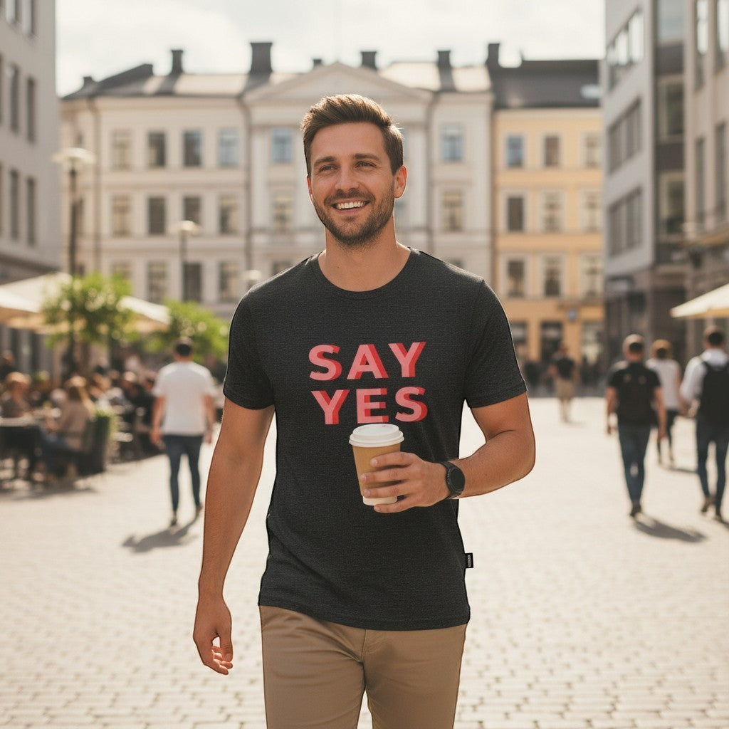 Good Wishes 365 black unisex t-shirt with red and pink 3D text graphic saying "SAY YES".
