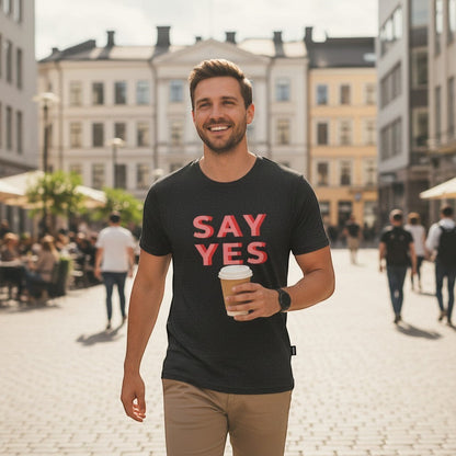 Good Wishes 365 black unisex t-shirt with red and pink 3D text graphic saying "SAY YES".