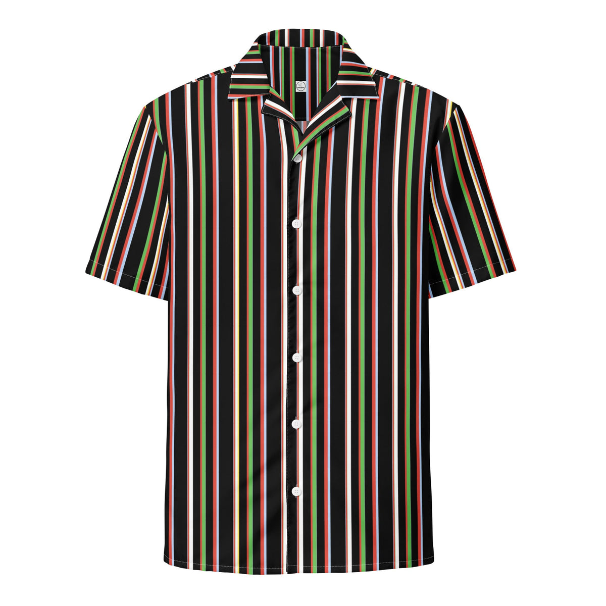 Good Wishes 365 black short sleeve button-up shirt with vertical multicolor stripes and a classic camp collar.