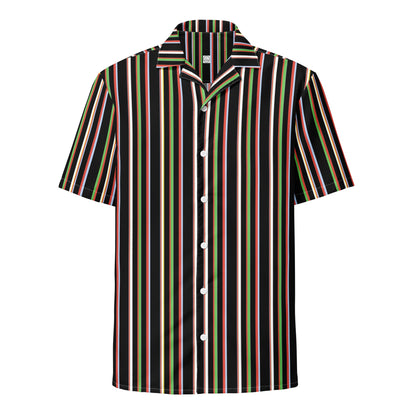 Good Wishes 365 black short sleeve button-up shirt with vertical multicolor stripes and a classic camp collar.