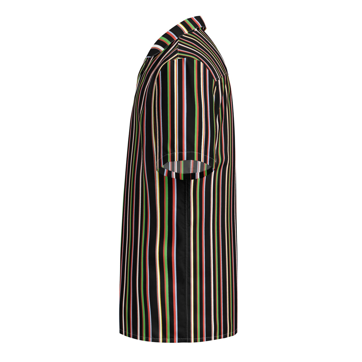 Good Wishes 365 black short sleeve button-up shirt with vertical multicolor stripes and a camp collar, side view.