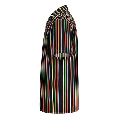 Good Wishes 365 black short sleeve button-up shirt with vertical multicolor stripes and a camp collar, side view.