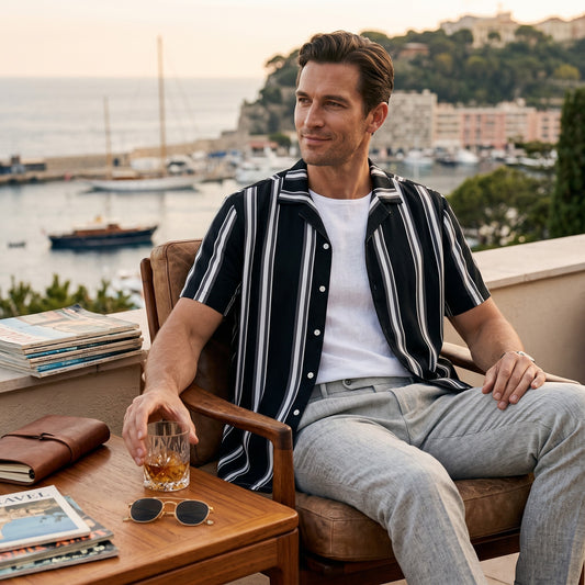 Good Wishes 365 black and white vertical striped short sleeve button-up shirt with a camp collar on a man outdoors.