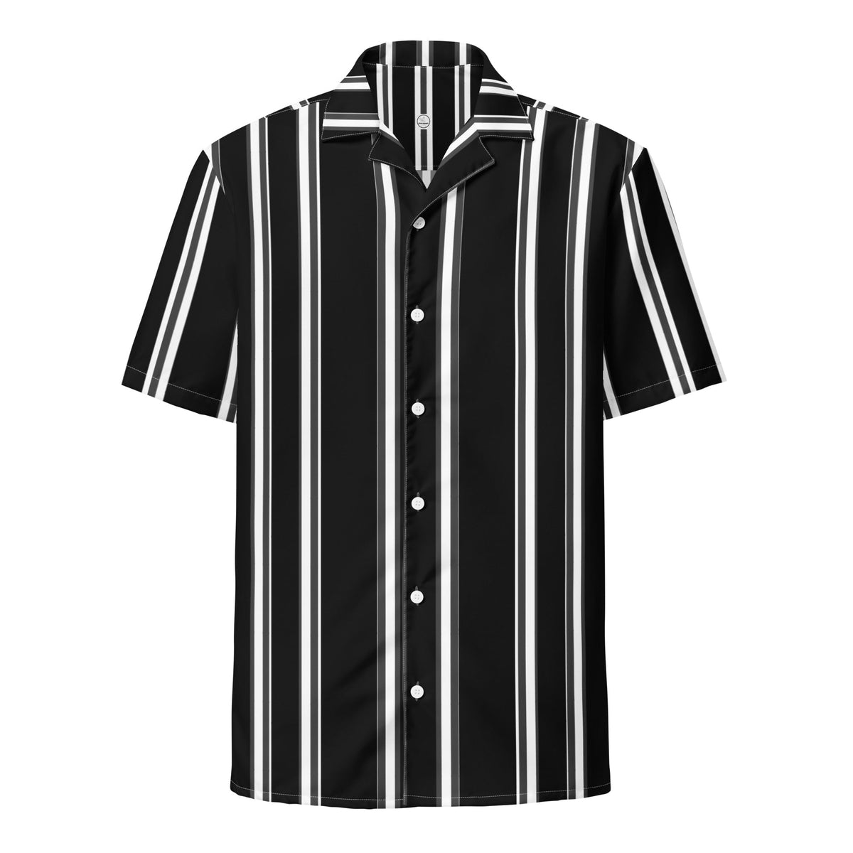 Good Wishes 365 black and white vertical striped short sleeve button-up shirt with a camp collar in recycled polyester.