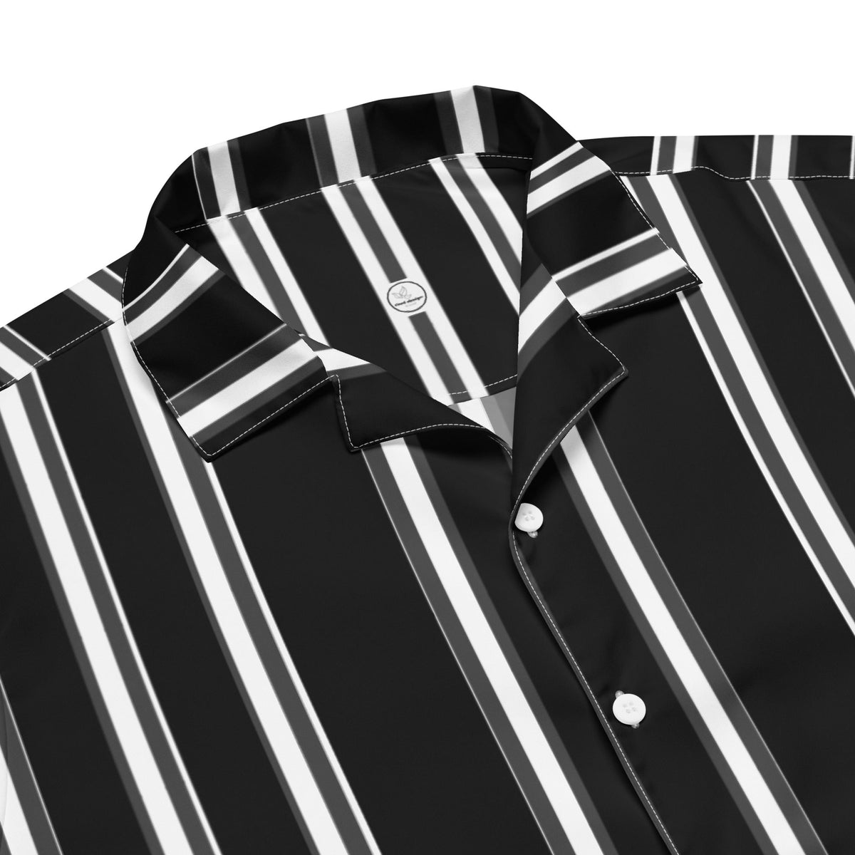 Good Wishes 365 black and white vertical striped short sleeve button-up shirt with a relaxed camp collar.