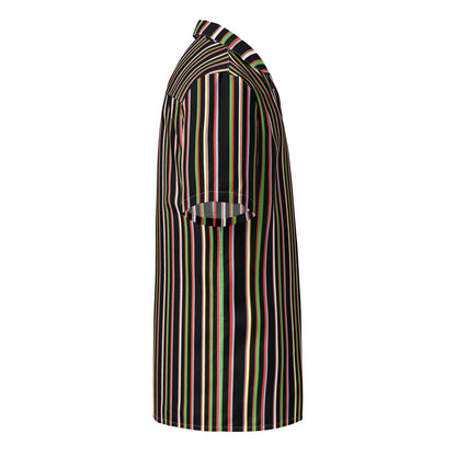 Good Wishes 365 black short sleeve button-up shirt with vertical multicolor stripes and a camp collar, side view.
