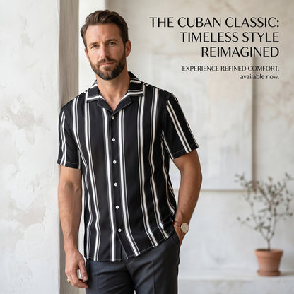 Good Wishes 365 men's black and white vertical striped short sleeve button-up shirt with a camp collar.
