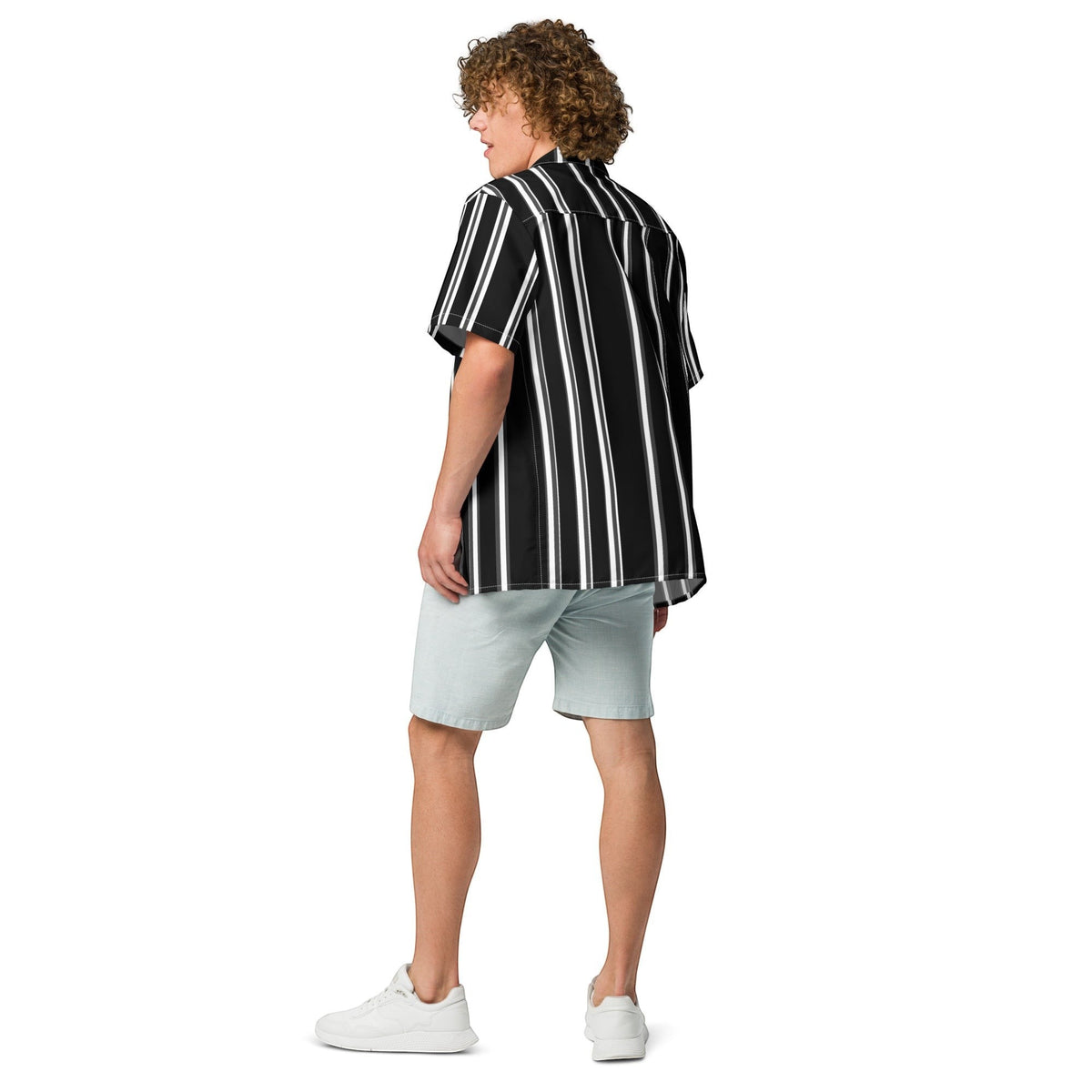 Good Wishes 365 unisex black and white vertical striped short sleeve button-up shirt with a relaxed camp collar.