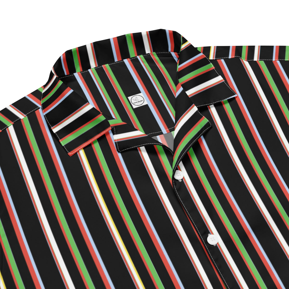Good Wishes 365 black short sleeve button-up shirt with a vibrant vertical multicolor stripe pattern and camp collar.