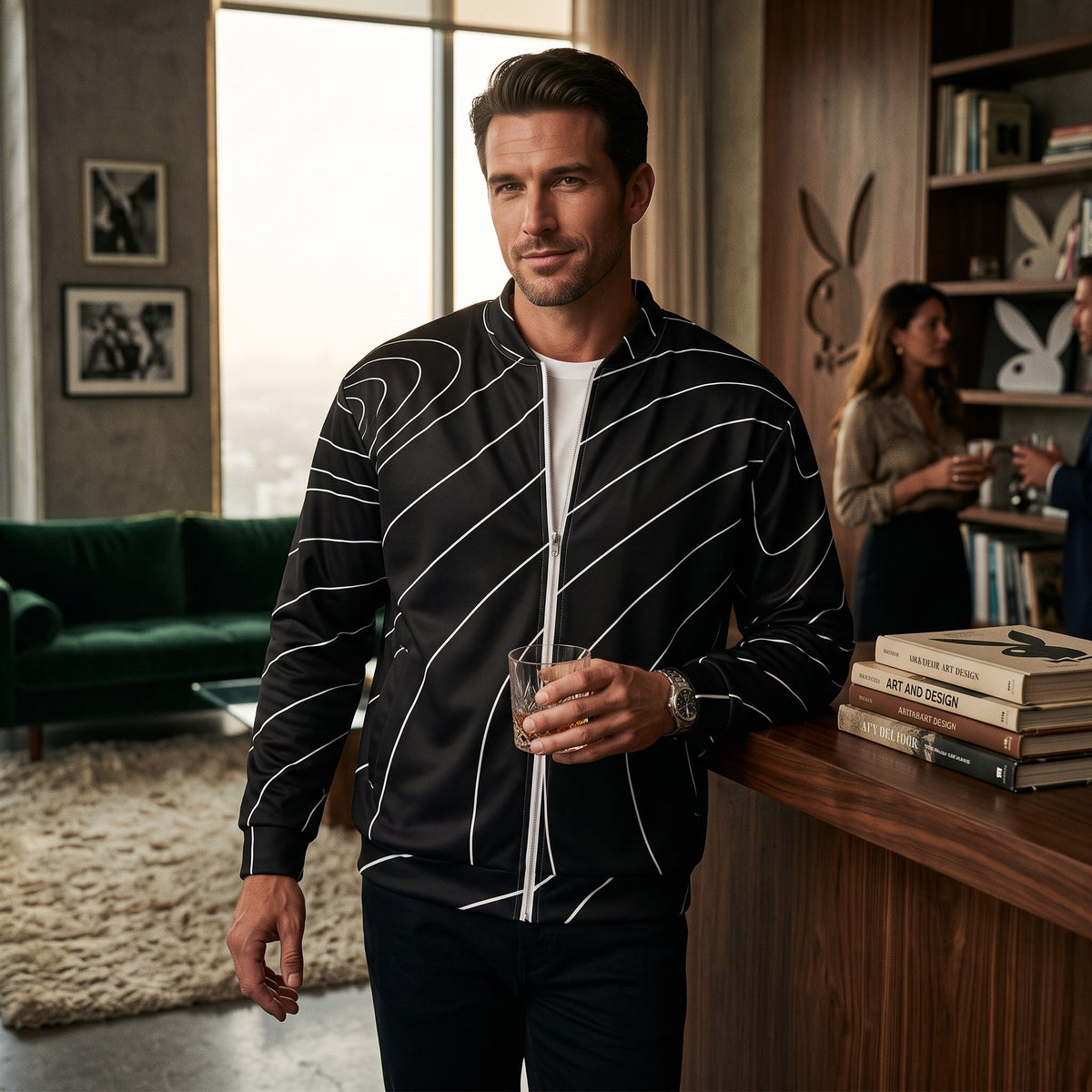 Good Wishes 365 unisex black bomber jacket with white wave line print, featuring a silver zipper and fleece interior.
