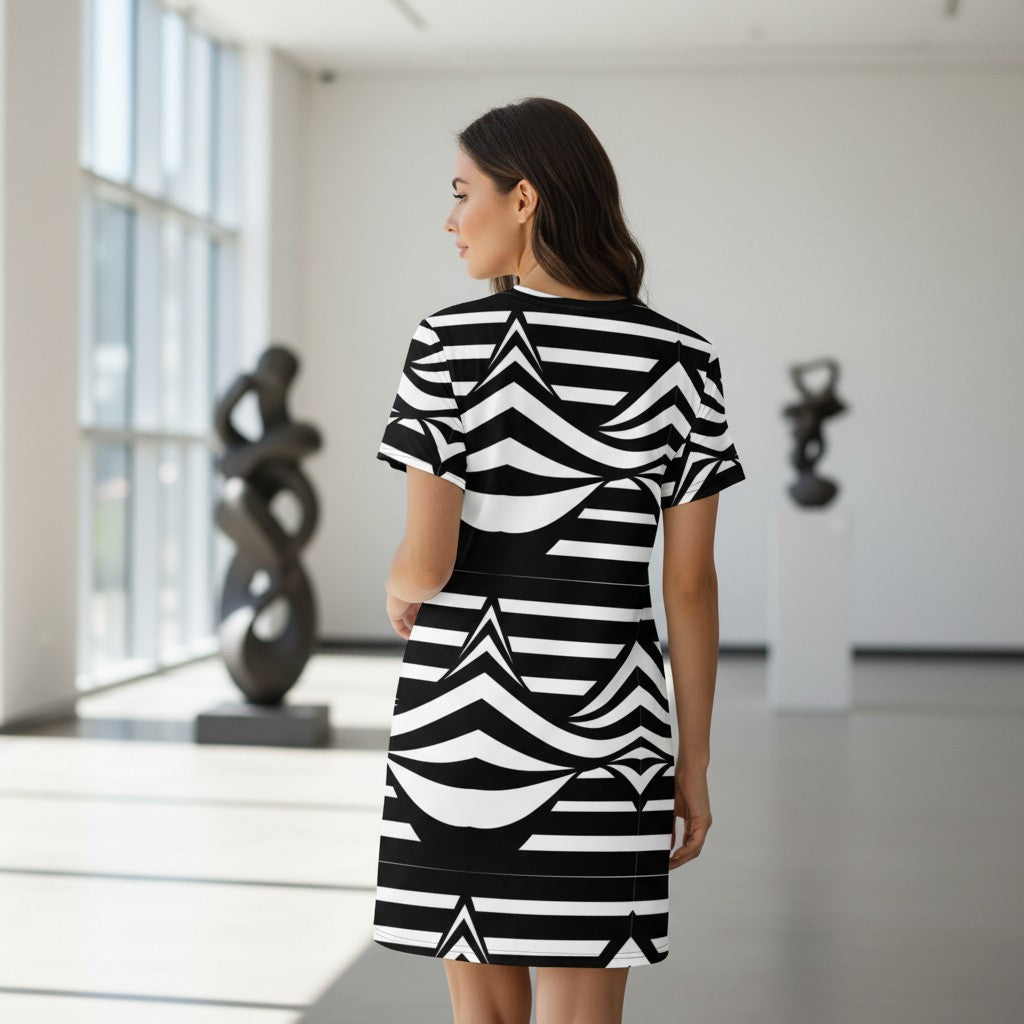 Good Wishes 365 black and white striped abstract pattern t-shirt dress with dropped shoulders and oversized fit.