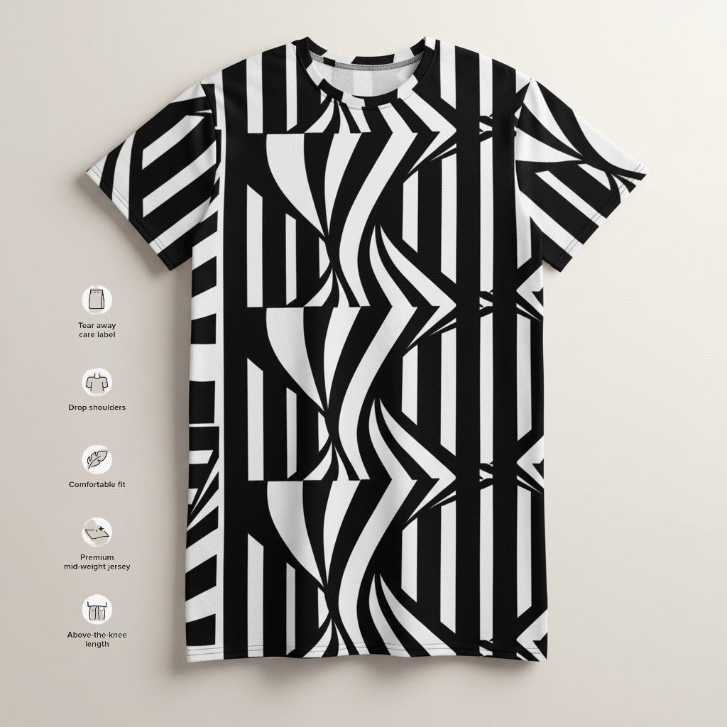 Good Wishes 365 black and white abstract stripe print t-shirt dress with dropped shoulders and relaxed fit.