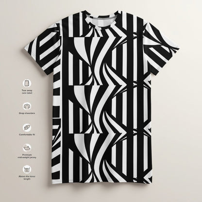Good Wishes 365 black and white abstract stripe print t-shirt dress with dropped shoulders and relaxed fit.