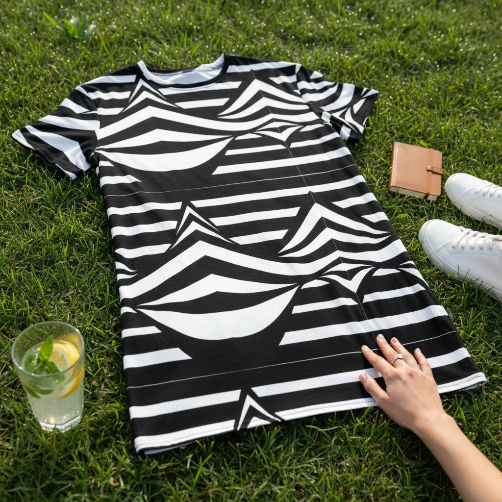 Good Wishes 365 black and white abstract stripe t-shirt dress with drop shoulder and oversized fit.