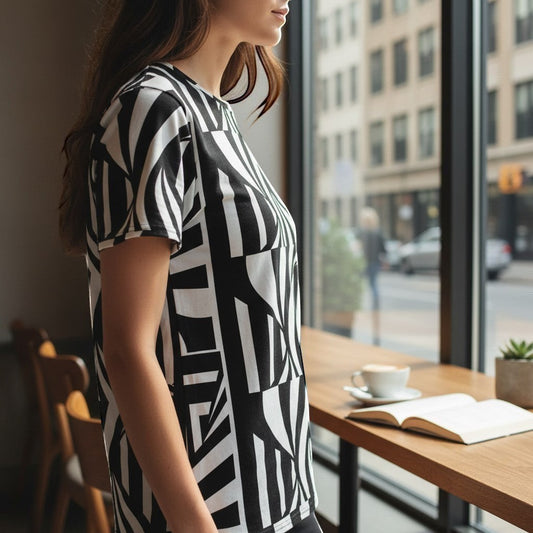 Good Wishes 365 black and white abstract stripe pattern t-shirt dress with dropped shoulders and relaxed fit.
