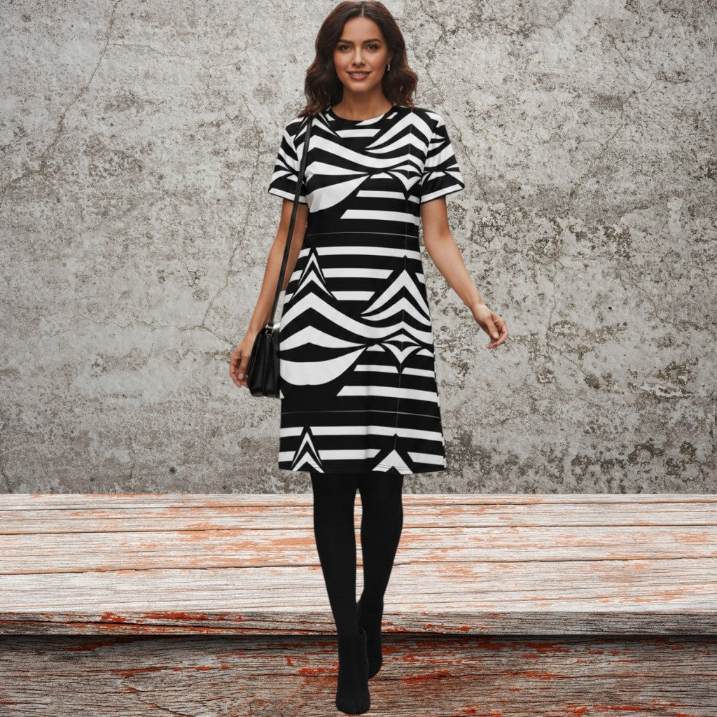 Good Wishes 365 black and white abstract striped t-shirt dress with a comfortable oversize fit and drop shoulders.