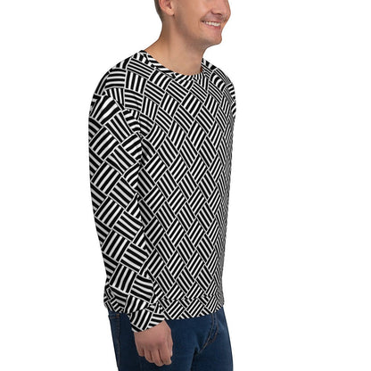 Good Wishes 365 unisex sweatshirt with a black and white geometric basketweave pattern, side view on a male model.