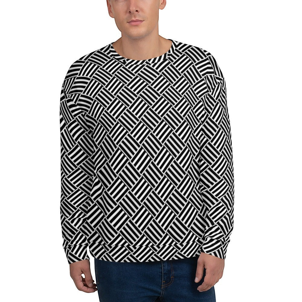 Good Wishes 365 unisex crewneck sweatshirt featuring a bold black and white geometric basketweave pattern.