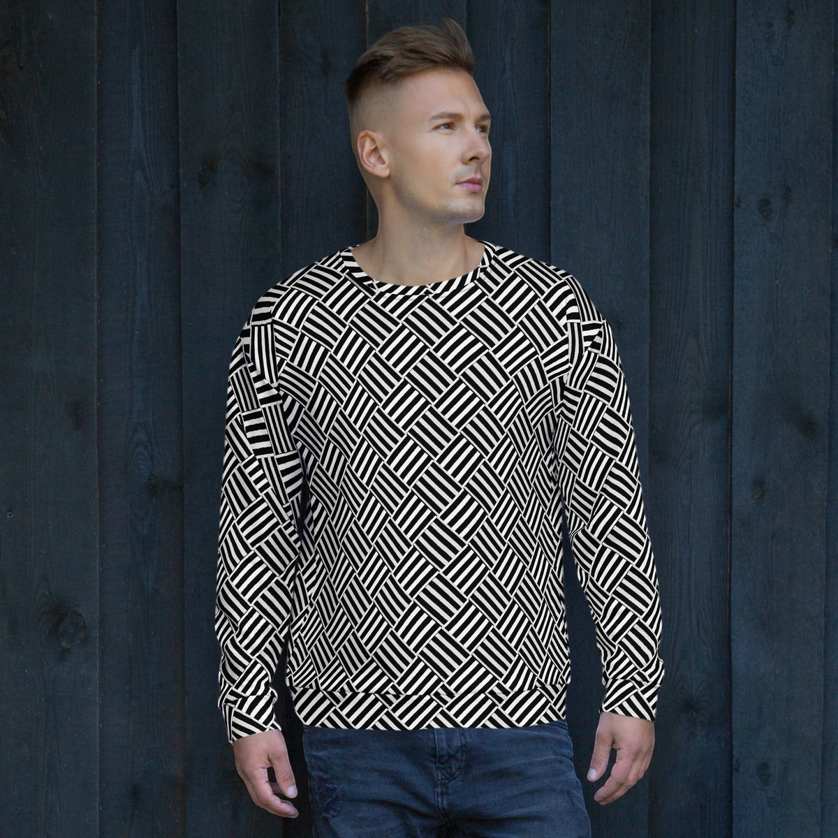 Good Wishes 365 unisex crewneck sweatshirt featuring a black and white geometric basketweave pattern on a man.
