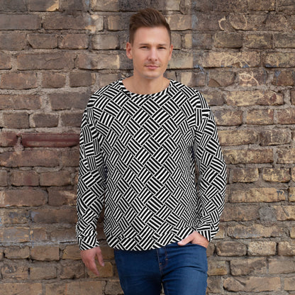 Good Wishes 365 unisex sweatshirt featuring a black and white geometric basketweave pattern worn by a man.