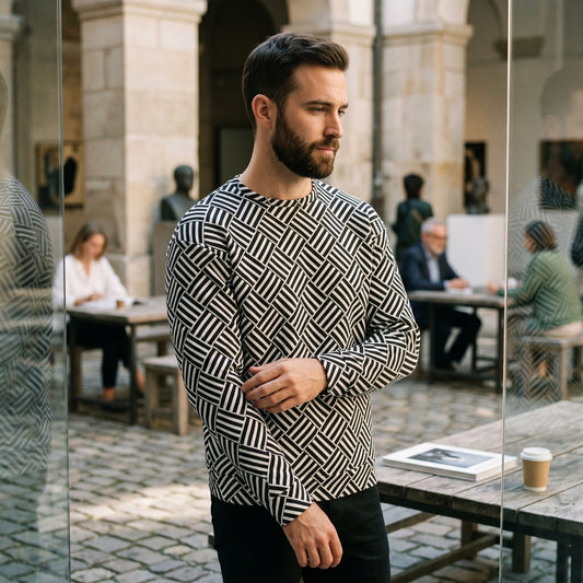 Good Wishes 365 unisex sweatshirt with a black and white geometric basketweave pattern worn by a man in a courtyard.
